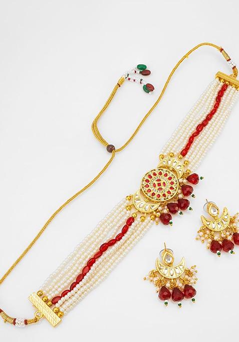 Kundan Stone Studded And Beaded Jewellery Set