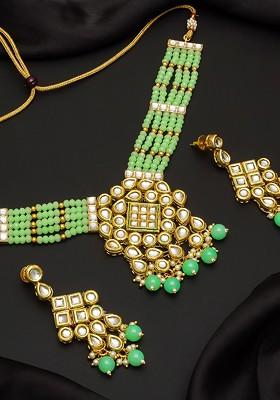 Gold Plated And Sea Green Kundan Studded Beaded Handcrafted Jewellery Set