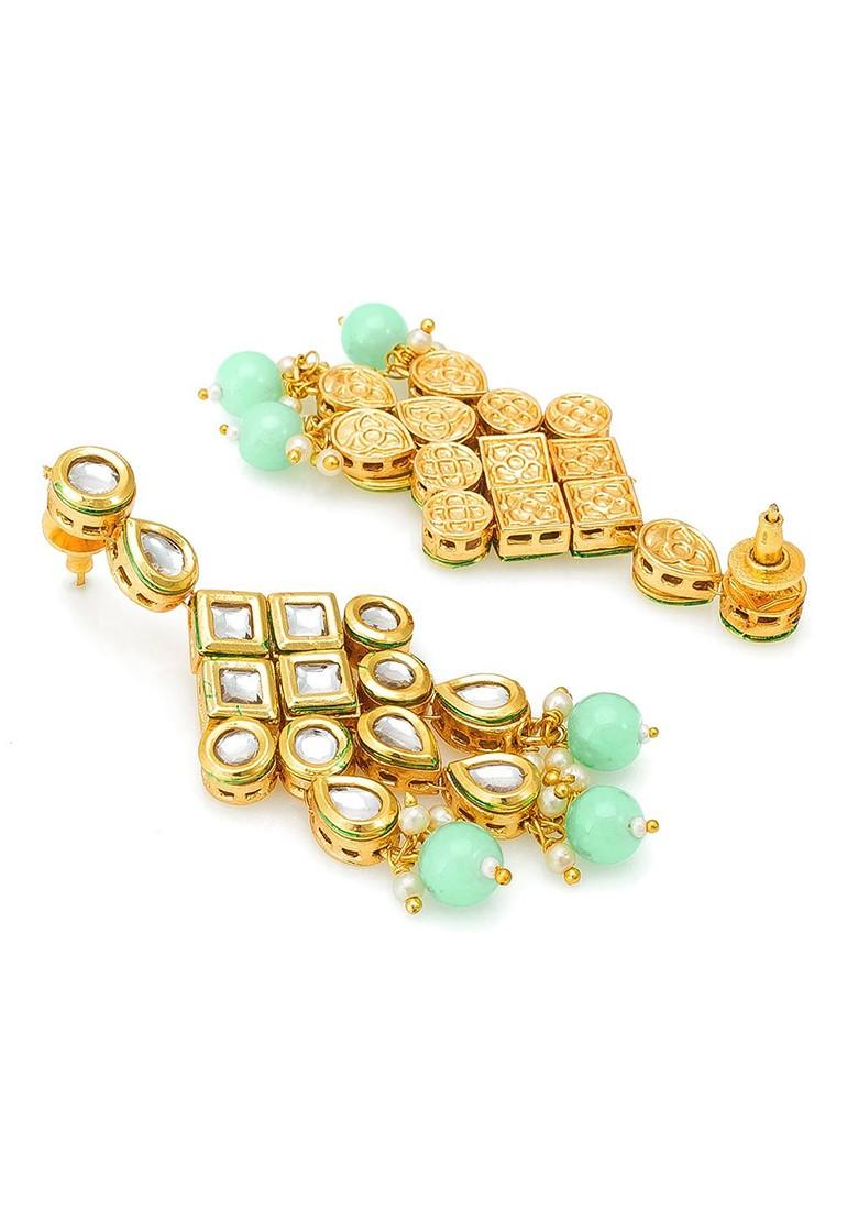 Gold Plated And Sea Green Kundan Studded Beaded Handcrafted Jewellery Set