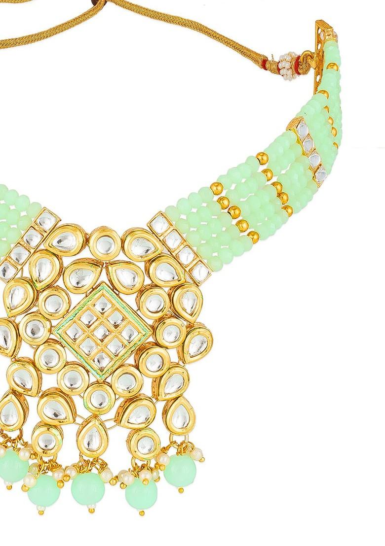 Gold Plated And Sea Green Kundan Studded Beaded Handcrafted Jewellery Set