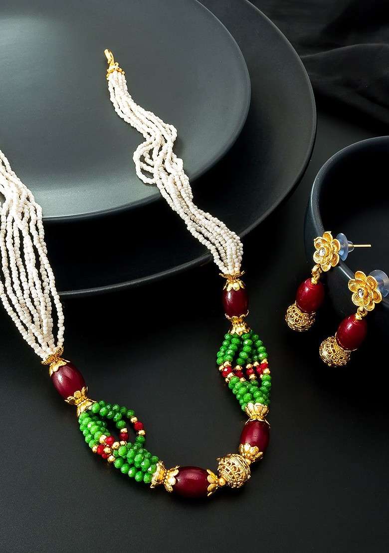 Gold Plated White Pearl Matinee Jewellery Set - Indya