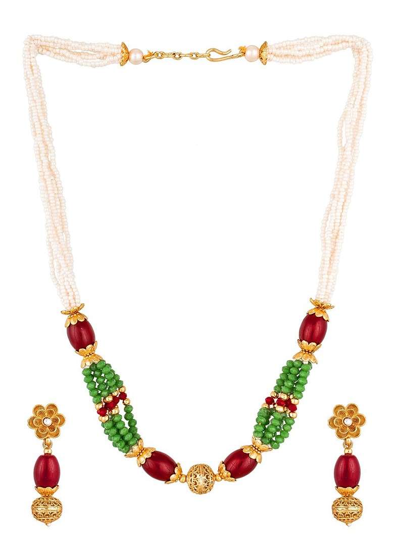 Gold Plated White Pearl Matinee Jewellery Set - Indya