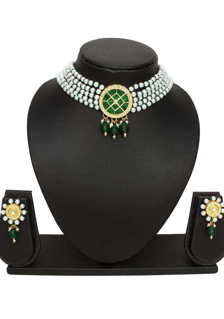 Gold Plated Kundan Stone Studded And Pearls Beaded Jewellery Set - Indya