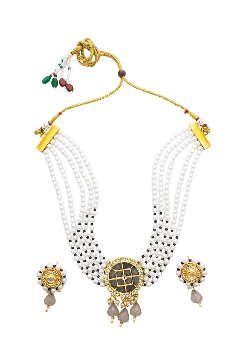 Gold Plated Kundan And Pearls Studded And Beaded Choker Jewellery Set