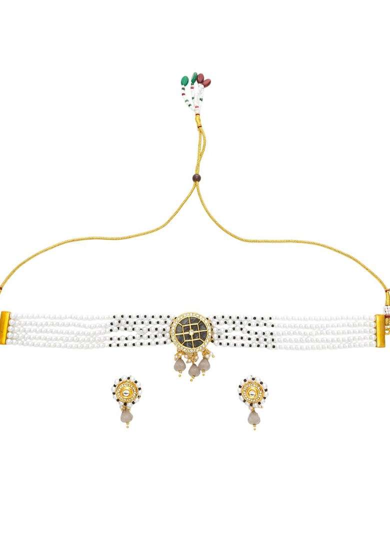 Gold Plated Kundan And Pearls Studded And Beaded Choker Jewellery Set - Indya