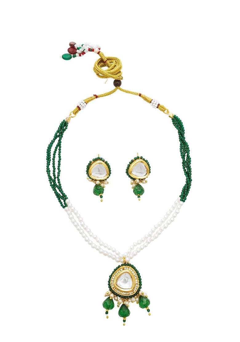 Gold Plated Kundan And Pearls Studded And Beaded Jewellery Set - Indya