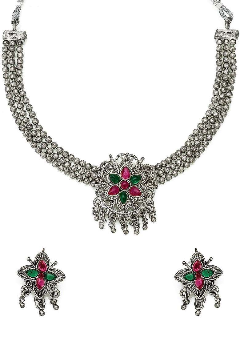 Silver Oxidised Silver Plated Green And Pink Stone Studded Jewellery Set - Indya