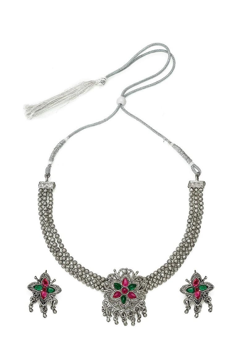 Silver Oxidised Silver Plated Green And Pink Stone Studded Jewellery Set