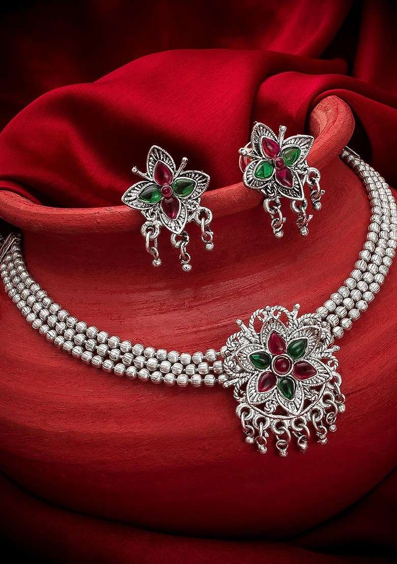 Silver Oxidised Silver Plated Green And Pink Stone Studded Jewellery Set - Indya