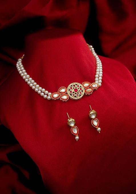Kundan Studded And Beaded Necklace And Earrings