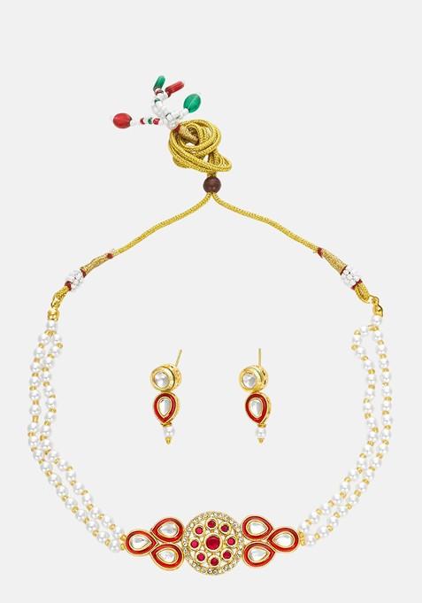 Kundan Studded And Beaded Necklace And Earrings