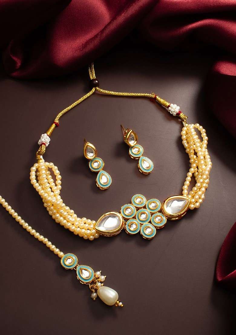 Gold Plated Kundan Stone Studded And Pearls Beaded Jewellery Set - Indya