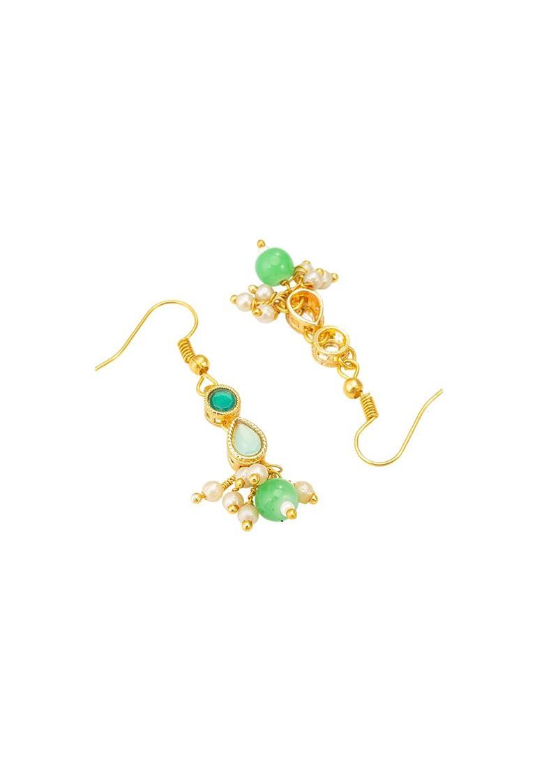 Gold Plated Artificial Stones Studded And Beaded Necklace And Earrings