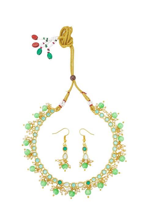 Gold Plated Artificial Stones Studded And Beaded Necklace And Earrings
