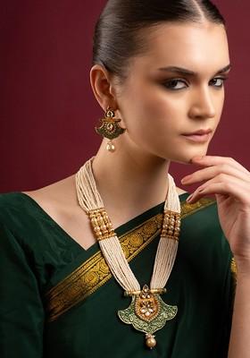 Gold Plated And Green Kundan Embellished Handcrafted Jewellery Set