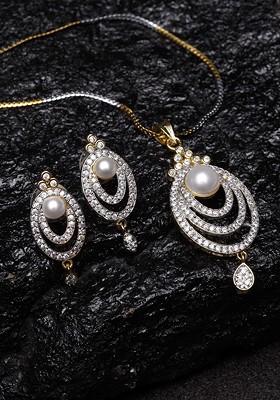 Gold Plated Silver Toned Cz Stone Studded Handcrafted Copper Jewellery Set