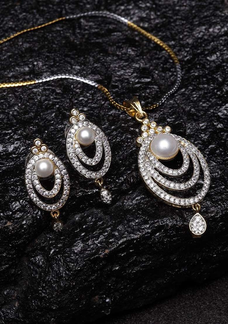 Gold Plated Silver Toned Cz Stone Studded Handcrafted Copper Jewellery Set - Indya