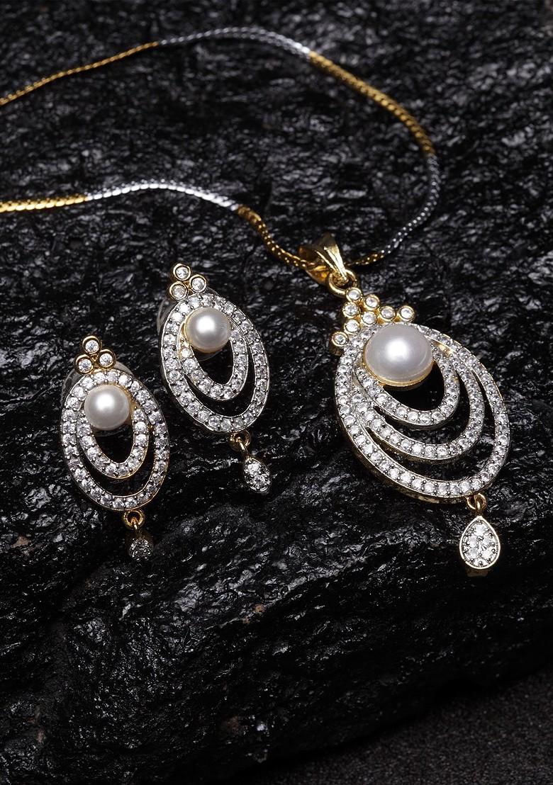 Gold Plated Silver Toned Cz Stone Studded Handcrafted Copper Jewellery Set