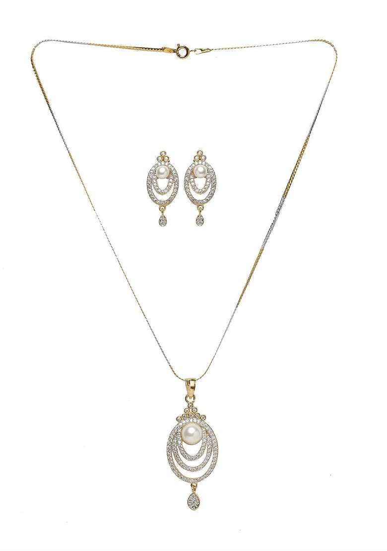 Gold Plated Silver Toned Cz Stone Studded Handcrafted Copper Jewellery Set - Indya