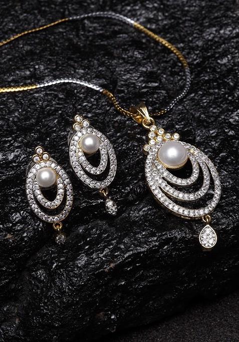 Gold Plated Silver Toned Cz Stone Studded Handcrafted Copper Jewellery Set