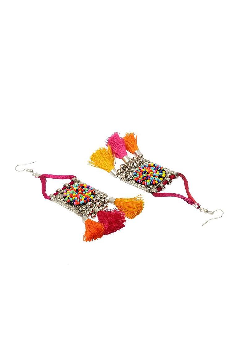 Silver Silver Plated Orange And Blue Beaded Handcrafted Afghan Jewellery Set