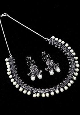 Silver Oxidized Silver Plated White And Black Artificial Stone Studded Beaded Handcrafted Jewellery Set