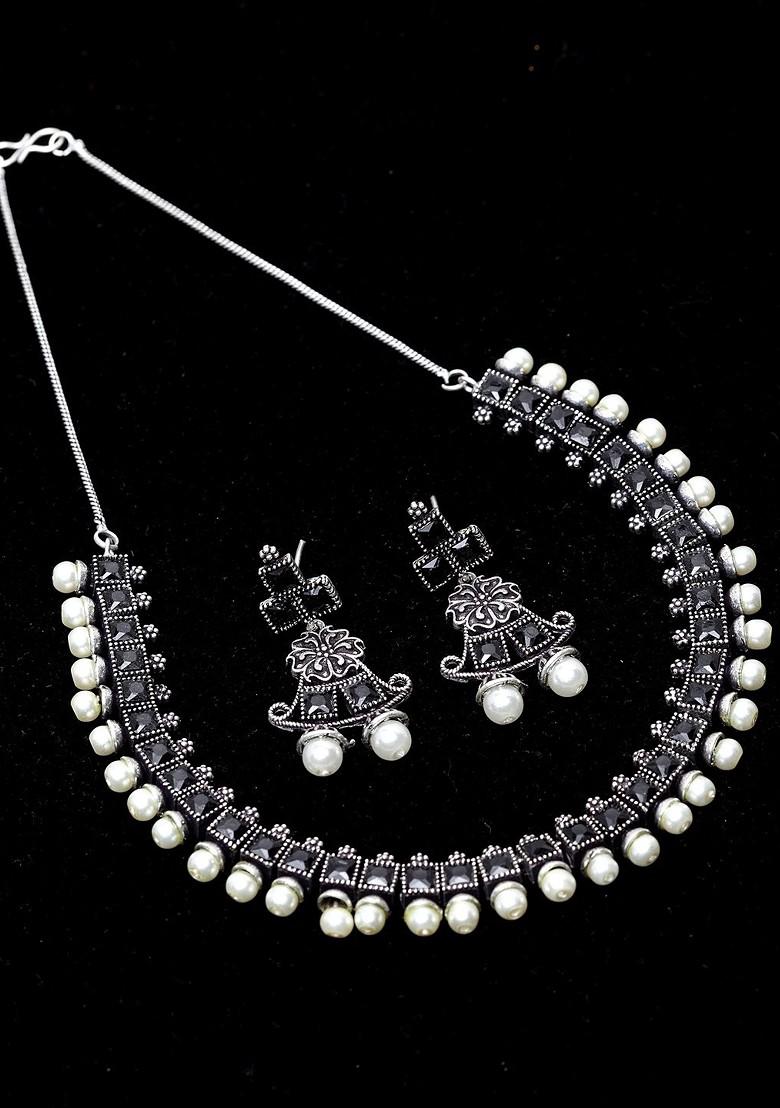 Silver Oxidized Silver Plated White And Black Artificial Stone Studded Beaded Handcrafted Jewellery Set