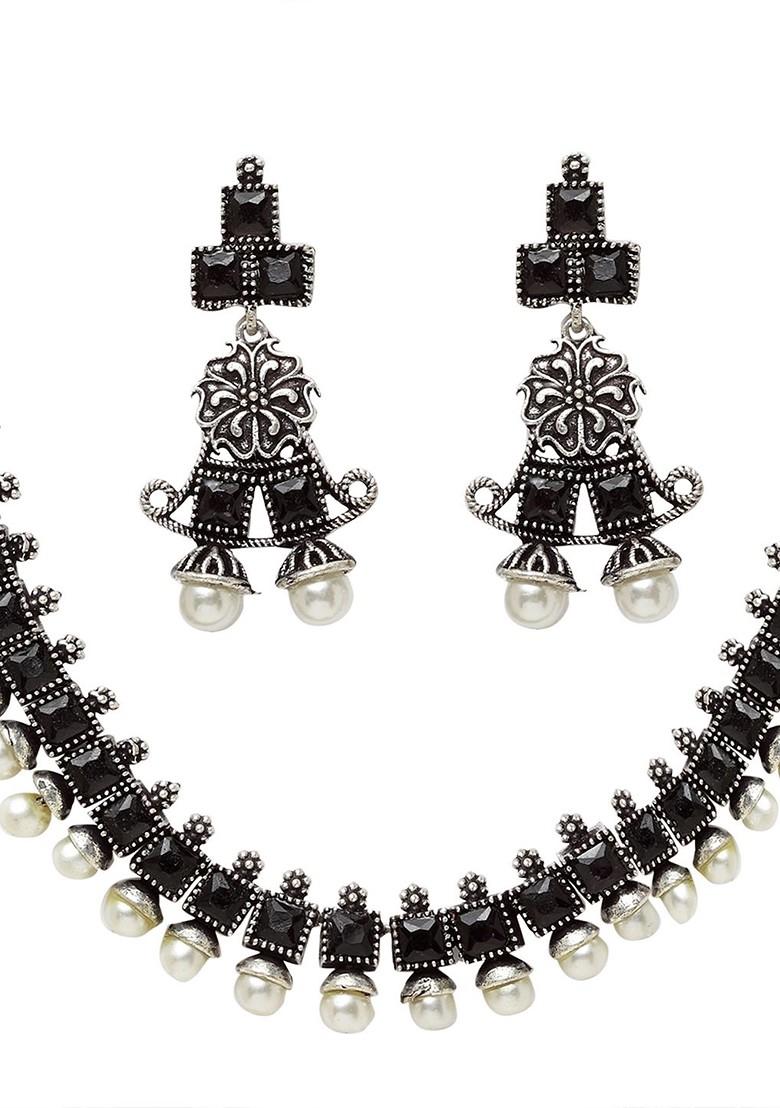 Silver Oxidized Silver Plated White And Black Artificial Stone Studded Beaded Handcrafted Jewellery Set