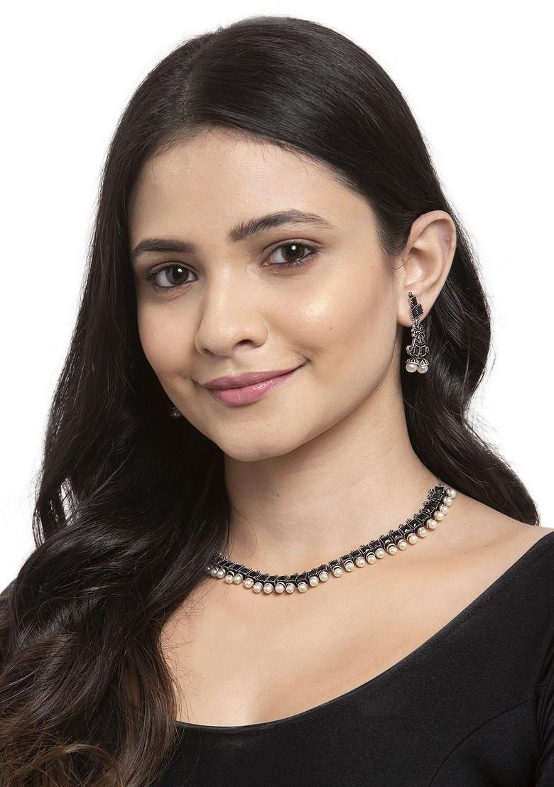 Silver Oxidized Silver Plated White And Black Artificial Stone Studded Beaded Handcrafted Jewellery Set