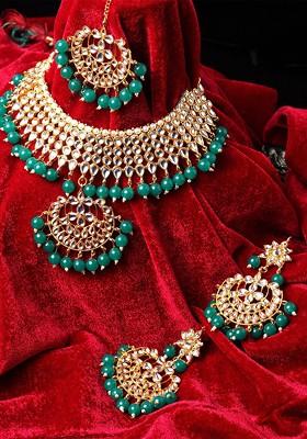 Gold Plated Green And White Kundan Studded Beaded Handcrafted Jewellery Set