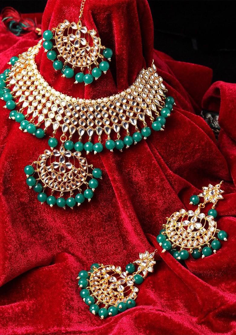 Gold Plated Green And White Kundan Studded Beaded Handcrafted Jewellery Set
