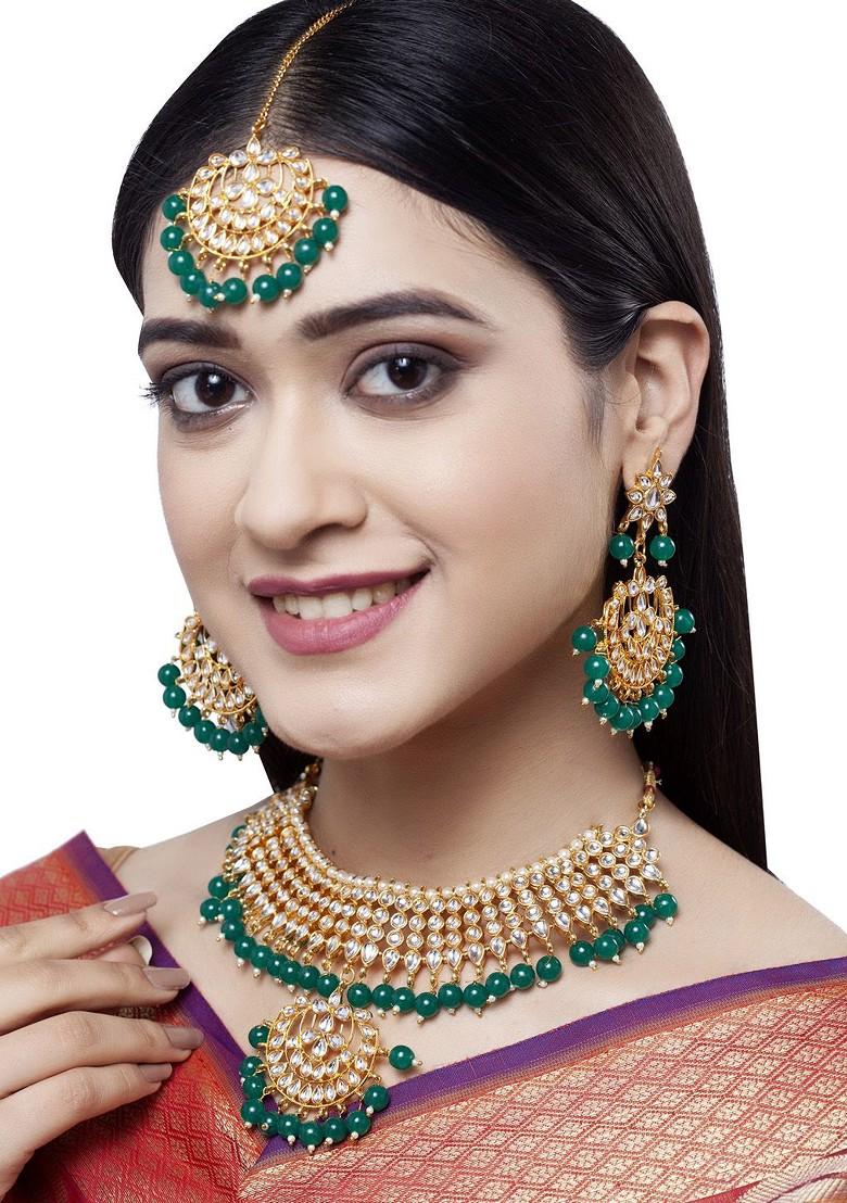 Gold Plated Green And White Kundan Studded Beaded Handcrafted Jewellery Set