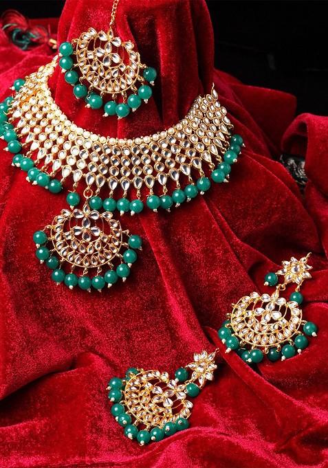 Gold Plated Green And White Kundan Studded Beaded Handcrafted Jewellery Set