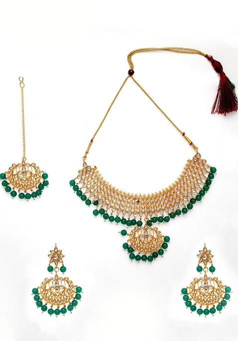 Gold Plated Green And White Kundan Studded Beaded Handcrafted Jewellery Set