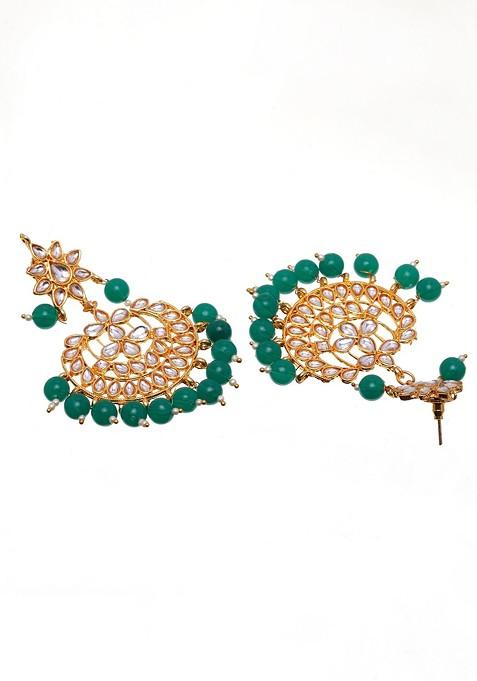 Gold Plated Green And White Kundan Studded Beaded Handcrafted Jewellery Set