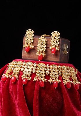 Gold Plated Red And White Kundan Studded Handcrafted Jewellery Set