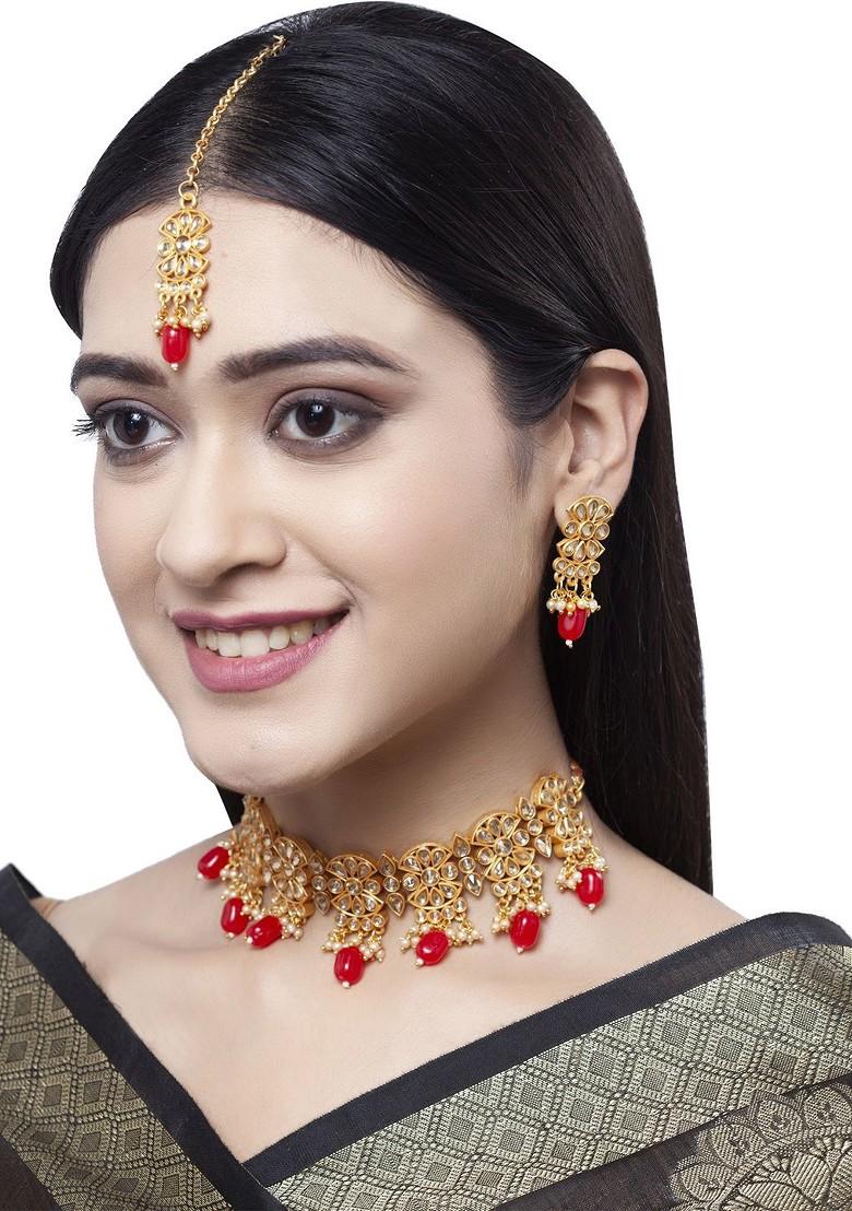 Gold Plated Red And White Kundan Studded Handcrafted Jewellery Set