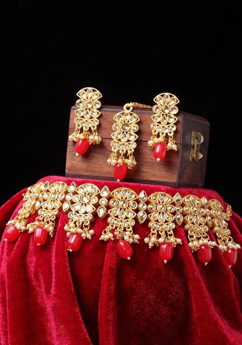 Gold Plated Red And White Kundan Studded Handcrafted Jewellery Set