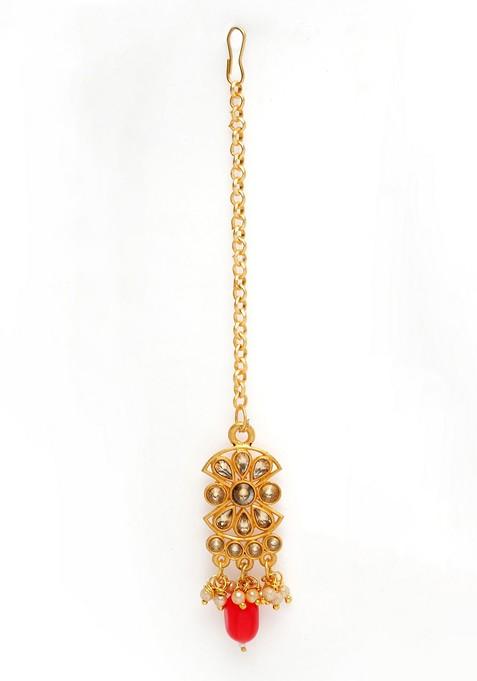 Gold Plated Red And White Kundan Studded Handcrafted Jewellery Set