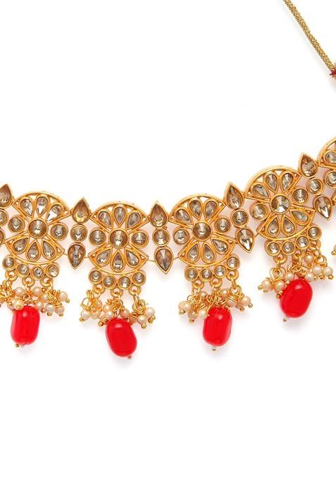 Gold Plated Red And White Kundan Studded Handcrafted Jewellery Set