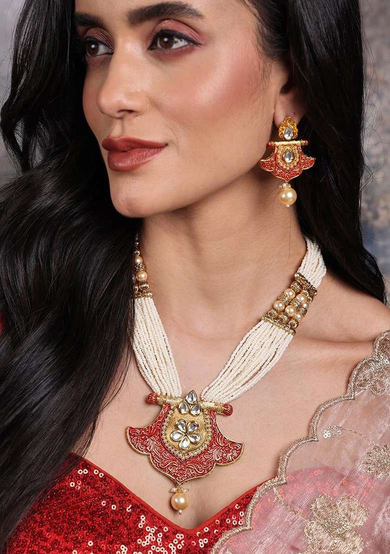 Gold Plated White And Red Handcrafted Kundan Studded And Beaded Jewellery Set - Indya