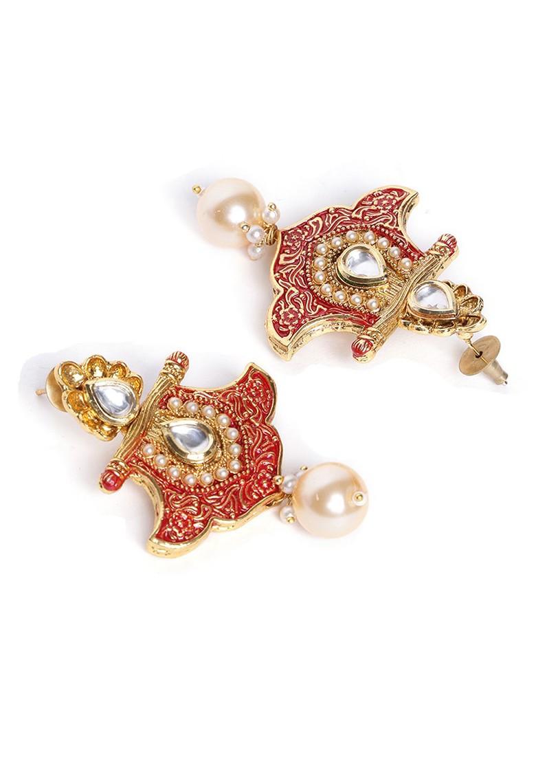 Gold Plated White And Red Handcrafted Kundan Studded And Beaded Jewellery Set