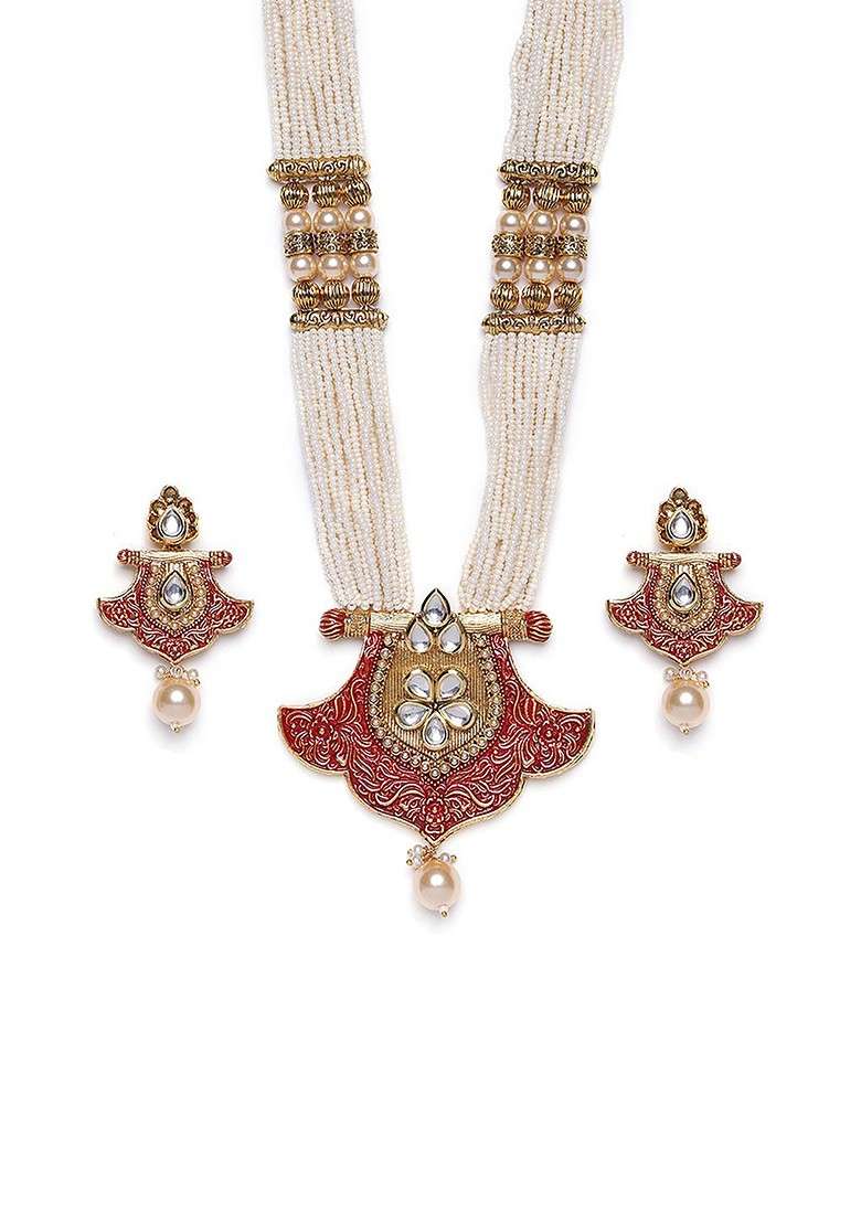 Gold Plated White And Red Handcrafted Kundan Studded And Beaded Jewellery Set - Indya