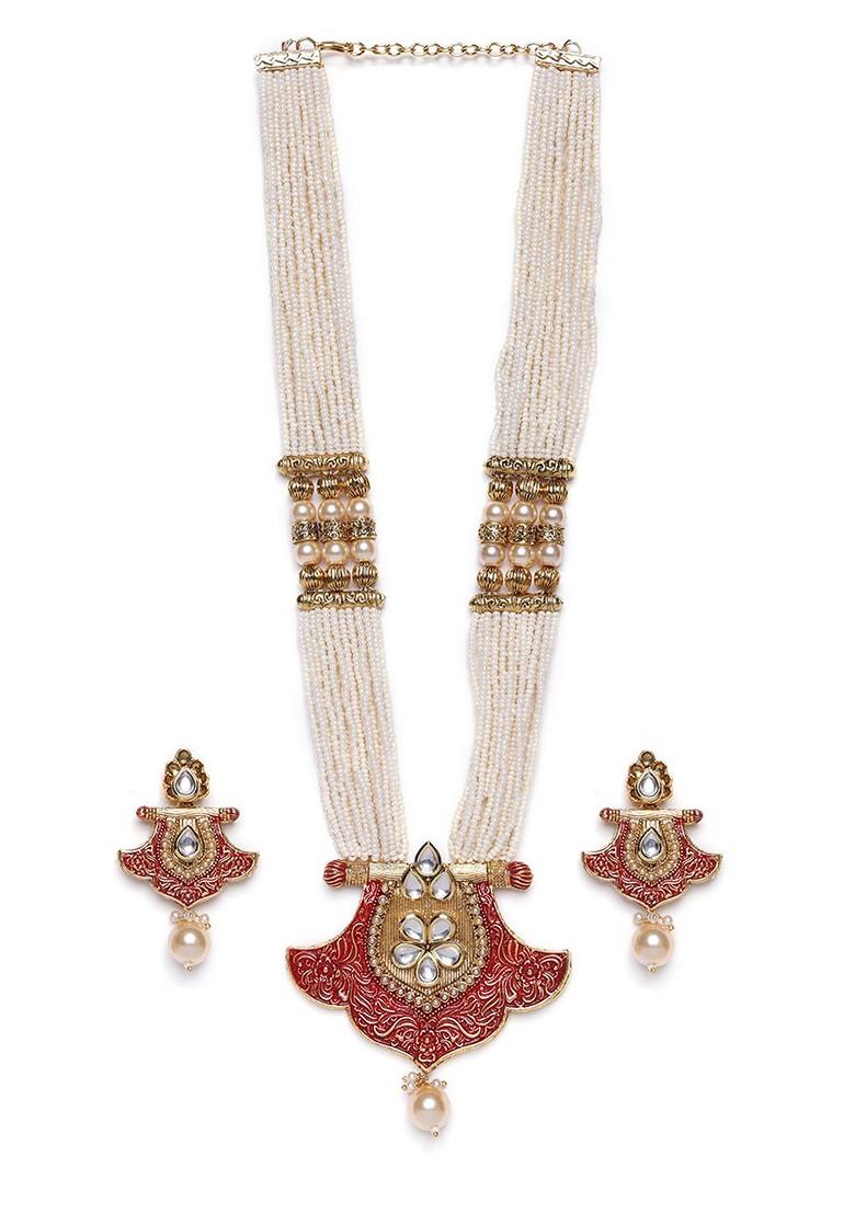 Gold Plated White And Red Handcrafted Kundan Studded And Beaded Jewellery Set