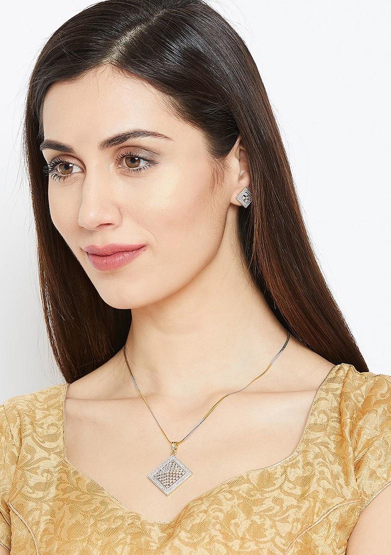 Gold Plated Silver Toned And White Cz Studded Square Shape Handcrafted Jewellery Set