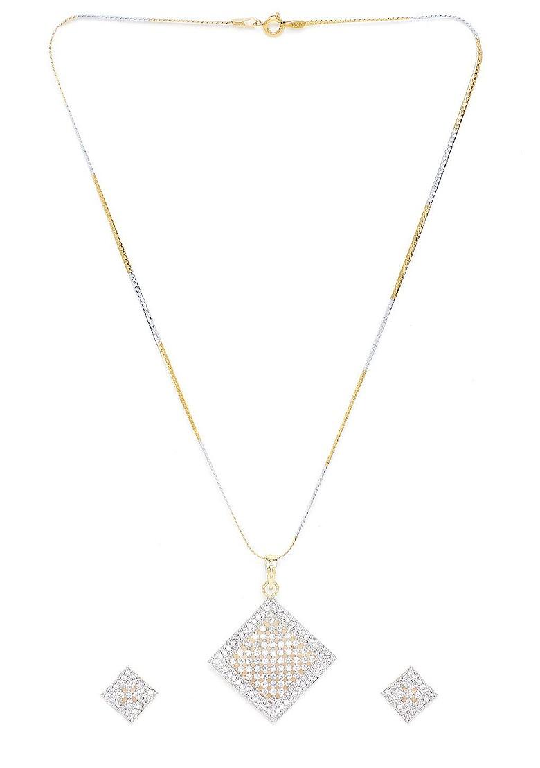 Gold Plated Silver Toned And White Cz Studded Square Shape Handcrafted Jewellery Set