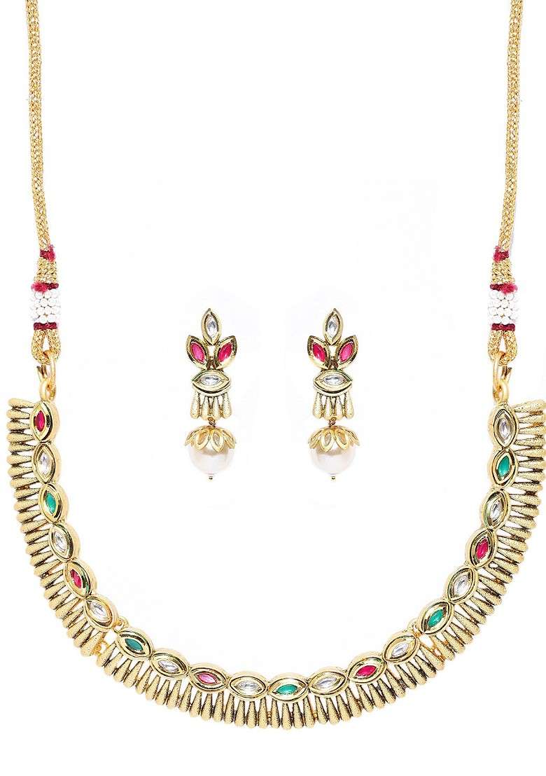 Gold Plated Red And Green Kundan Studded And White Beaded Handcrafted Jewellery Set - Indya