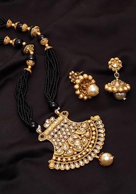Gold Plated Black Beads Stone Studded Handcrafted Mangalsutra With Earrings