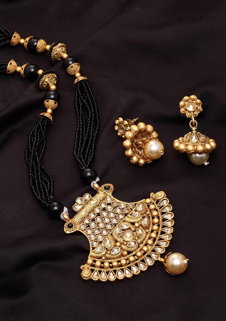 Gold Plated Black Beads Stone Studded Handcrafted Mangalsutra With Earrings