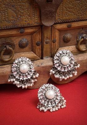 Silver Silver Toned Ad Stones Studded Adjustable Finger Ring With Drop Earrings